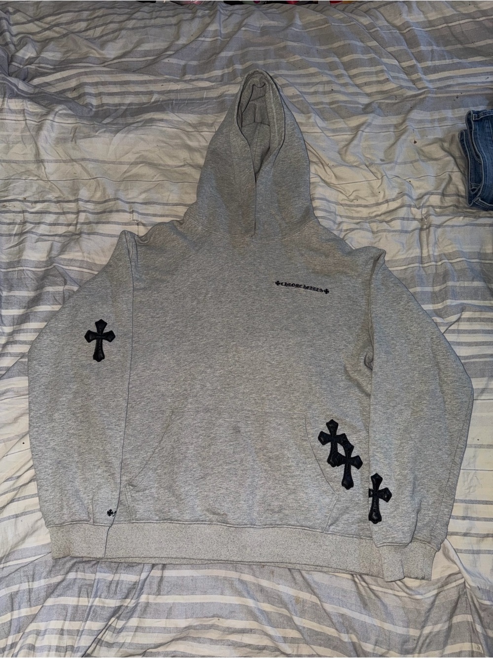 Grey Chrome hearts leather cross patch hoodie
